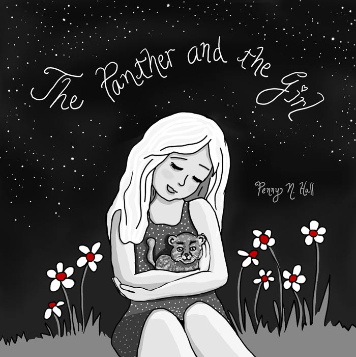 illustration of girl holding baby panther, book cover by penny n. hall